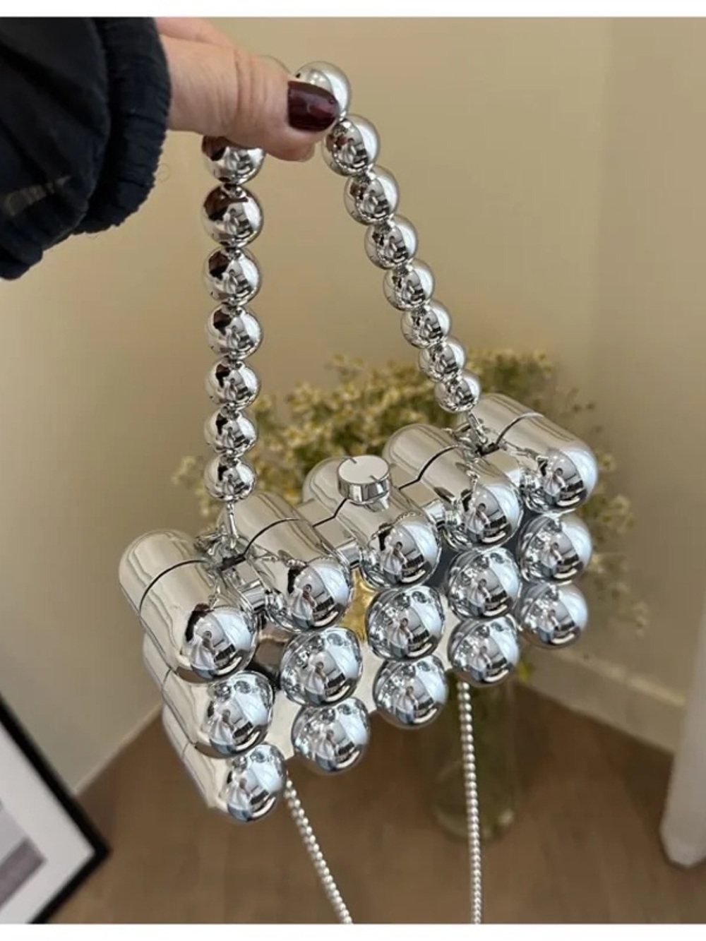 Metallic Silver Beaded Mini Shoulder Bag